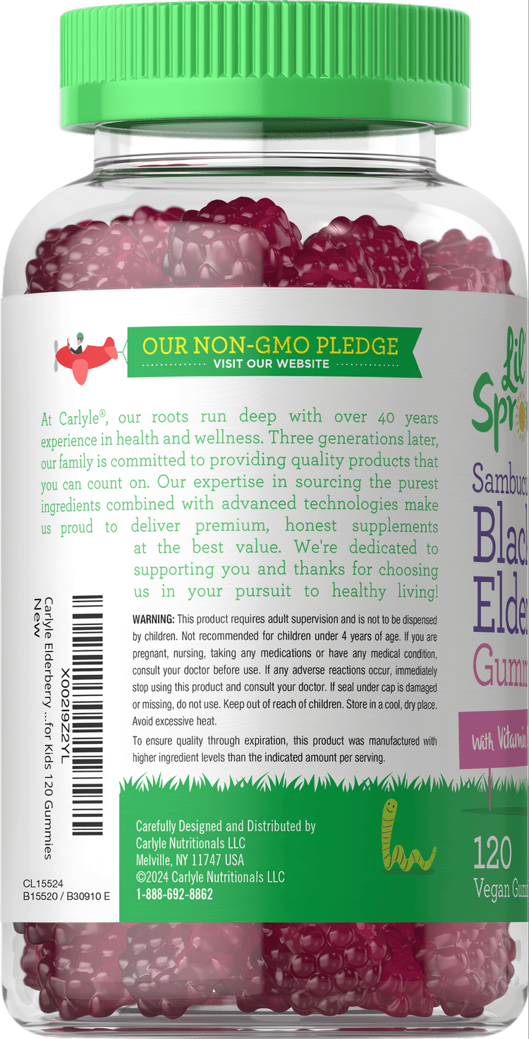CL Kids Elderberry Gummies jar with purple-red, raspberry-shaped gummies, totaling 120 pieces.