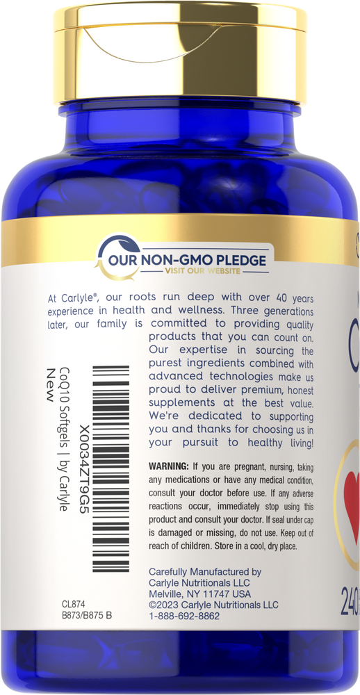 A hand holding a bottle of CoQ10 100 mg, containing 240 softgels, designed for bulk scale purchase.