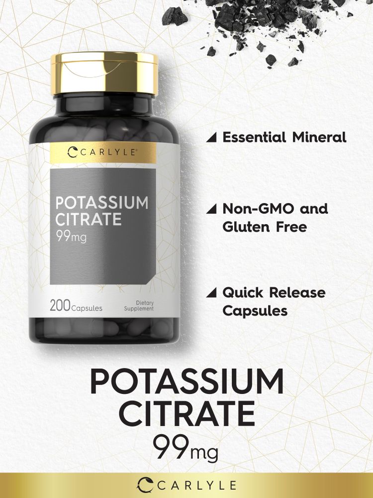 A hand holding a bottle of Carlyle Potassium Citrate 99mg capsules, containing 200 capsules, highlighting bulk packaging for supplements.