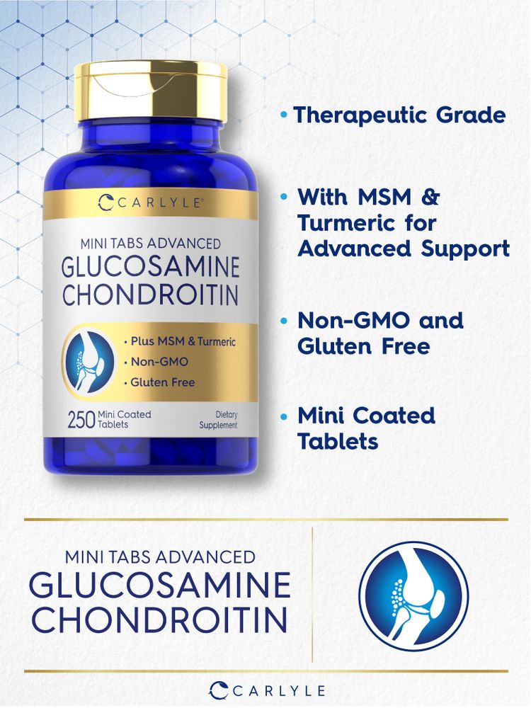 Carlyle Mini Tabs Advanced Glucosamine Chondroitin, shown with 250 mini coated tablets on a hand scale.