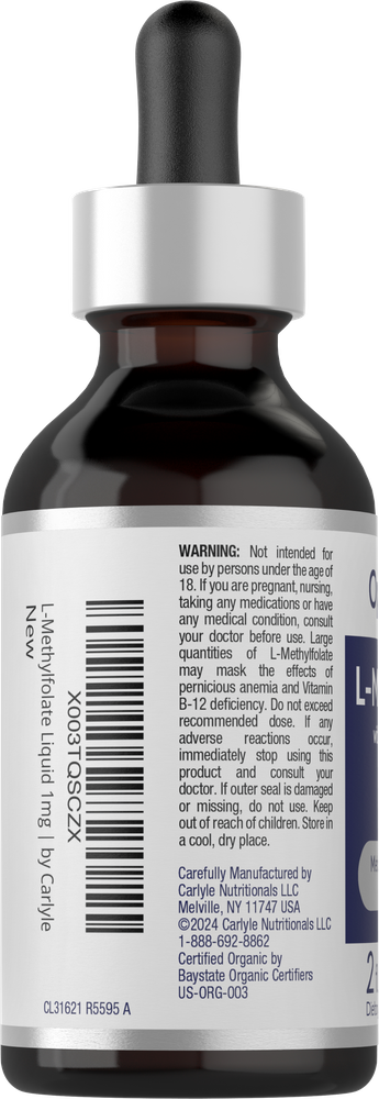Carlyle L-Methylfolate 1 mg 2 oz liquid bottle shown with hand for scale.