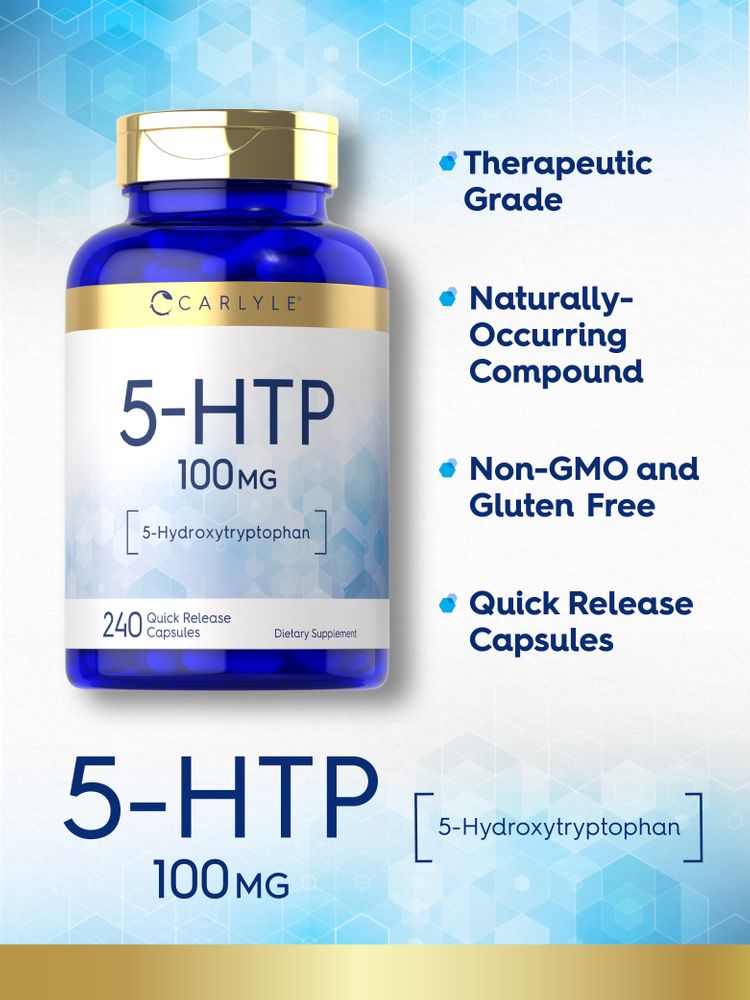 Carlyle 5-HTP 100 mg, 240 quick-release capsules shown on a hand scale.