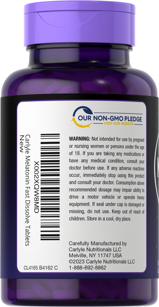 Carlyle Melatonin 3mg bottle with 250 fast dissolve tablets displayed on hand scale, emphasizing quick absorption and convenience.