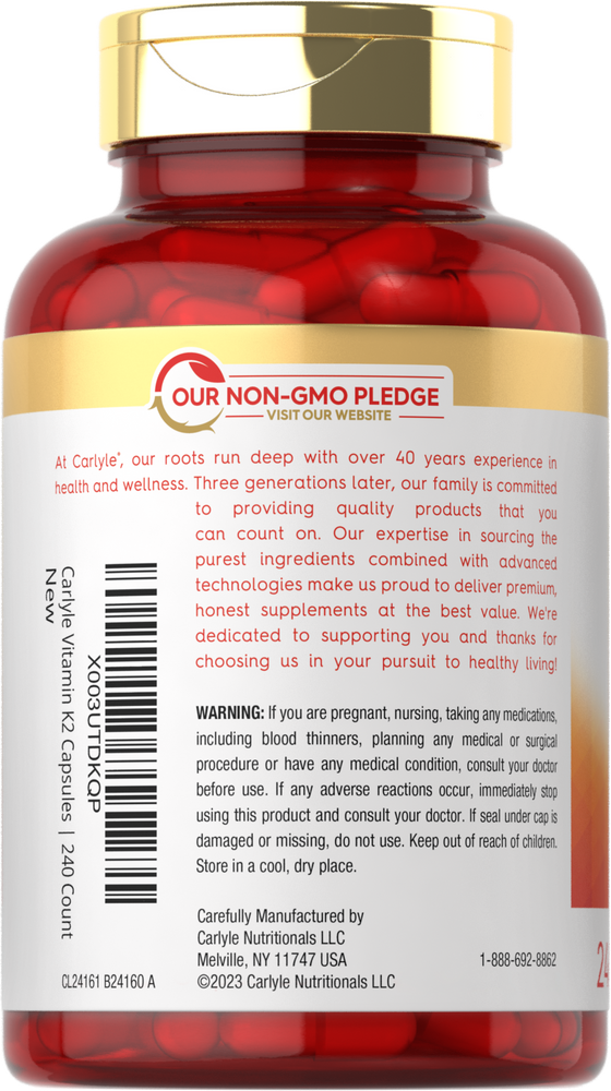 Red Carlyle K2 bottle containing 240 capsules of 100 mcg.