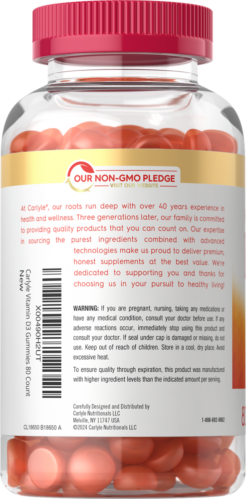 Carlyle Vitamin D 10000IU 80 Gummies in a clear bottle with a red cap, containing numerous orange gummies inside.