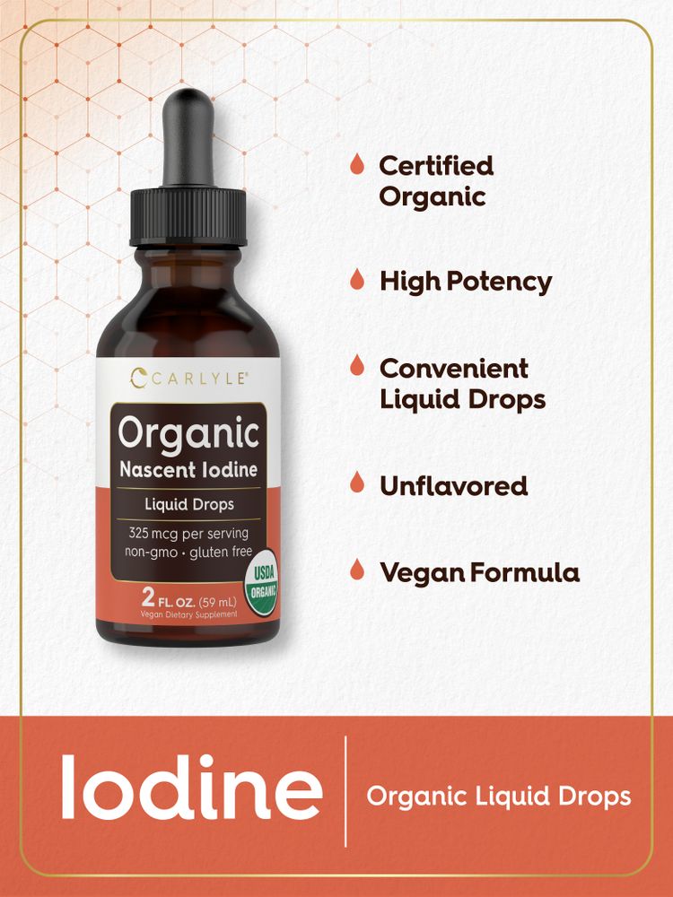 Hand holding a 2 fl oz (59 mL) bottle of Organic Nascent Iodine Liquid Drops, ideal for thyroid health and wellness support.