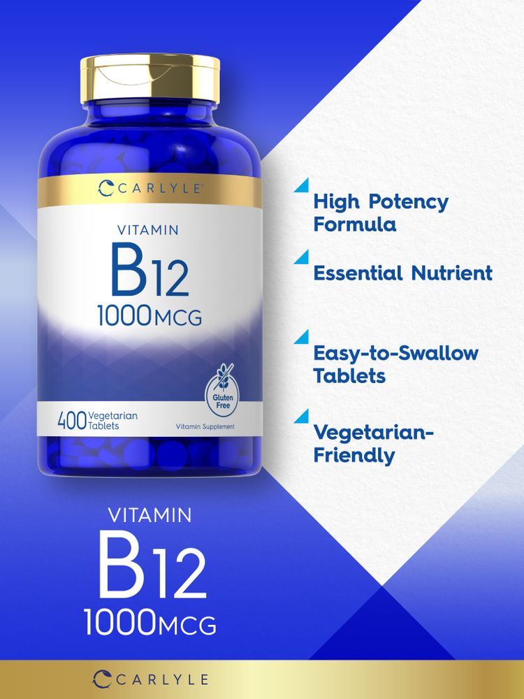 Hand holding Carlyle Vitamin B12 supplement bottle, showing label with 1000mcg strength and 400 vegetarian tablets.