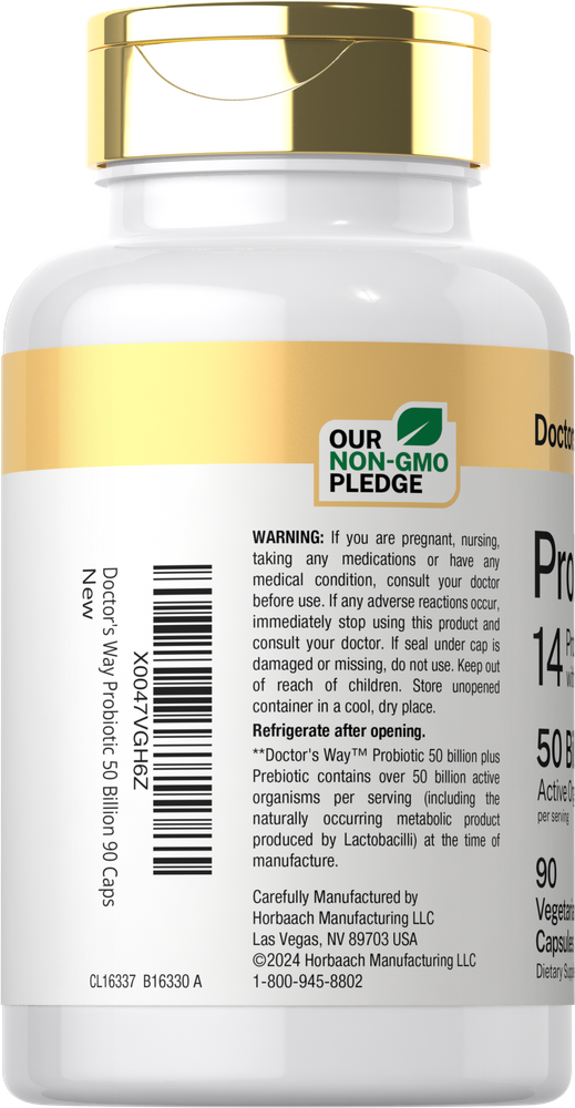 Doctor's Way Probiotic 50 Billion in a 90 vegetarian capsules bottle, shown on a hand scale for size reference.