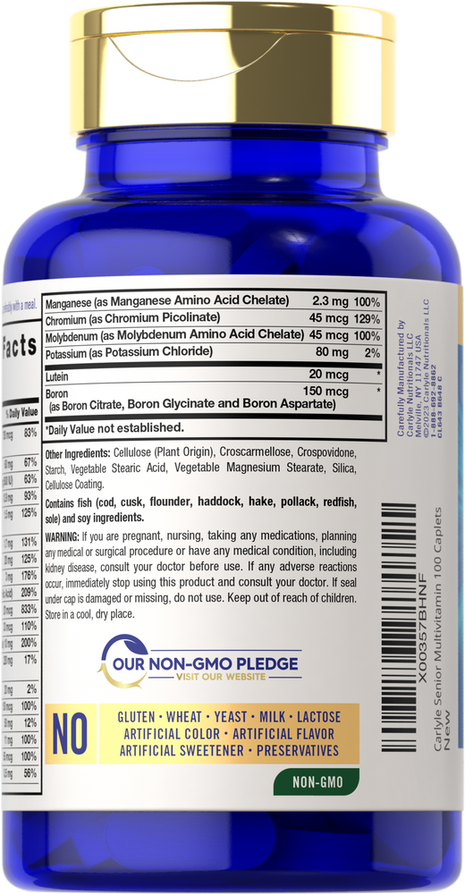 The blue bottle contains 100 Senior Multivitamin with Lutein Caplets.