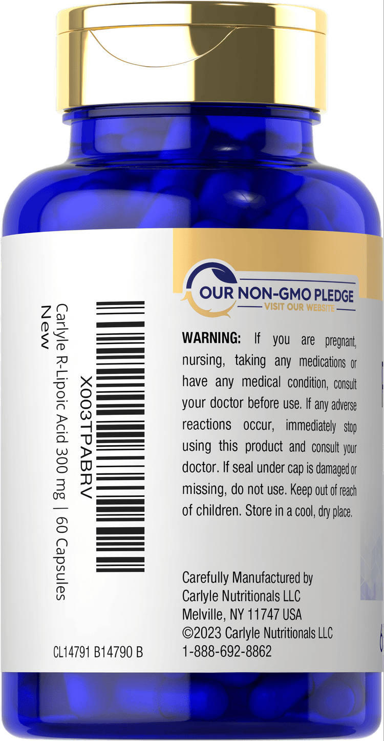 Carlyle R-Lipoic Acid supplement, 300 mg, 60 capsules, displayed on a hand scale for weight reference.