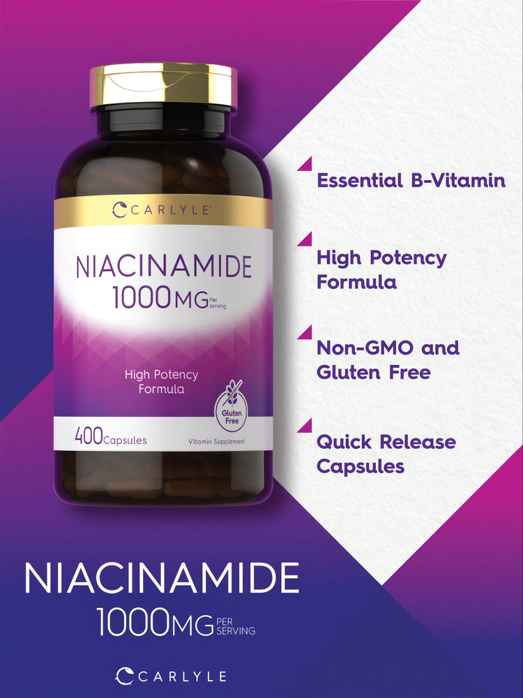 Hand holding bottle of Niacinamide capsules, 1000mg per serving, 400 count.
