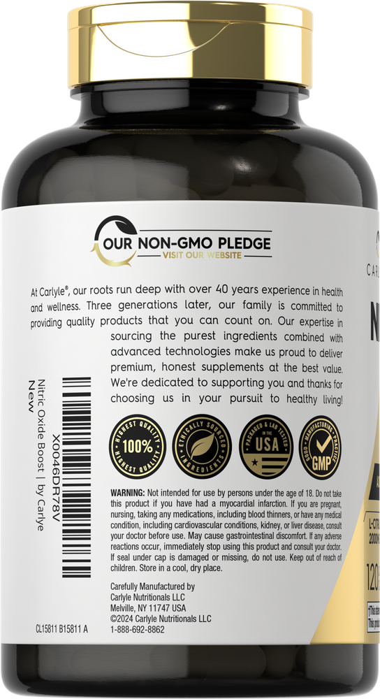 A dark bottle containing 120 Nitric Oxide Boost capsules is visible.
