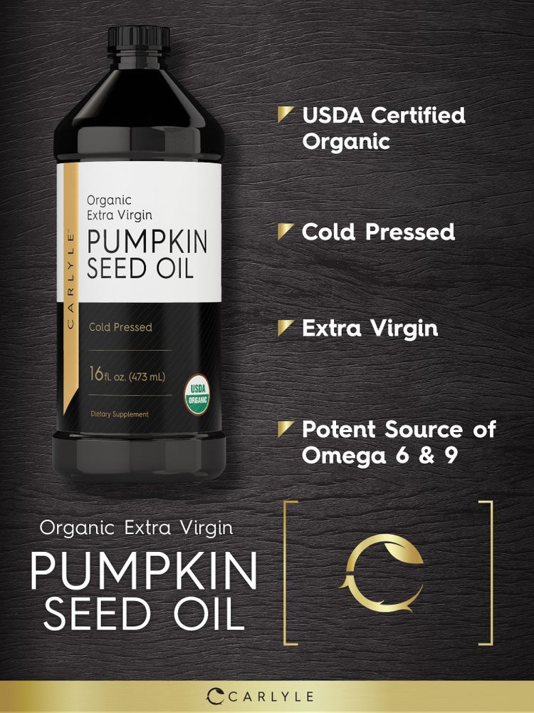 16 fl. oz. (473 mL) bottle of Organic Extra Virgin Pumpkin Seed Oil, Cold Pressed and USDA Organic.