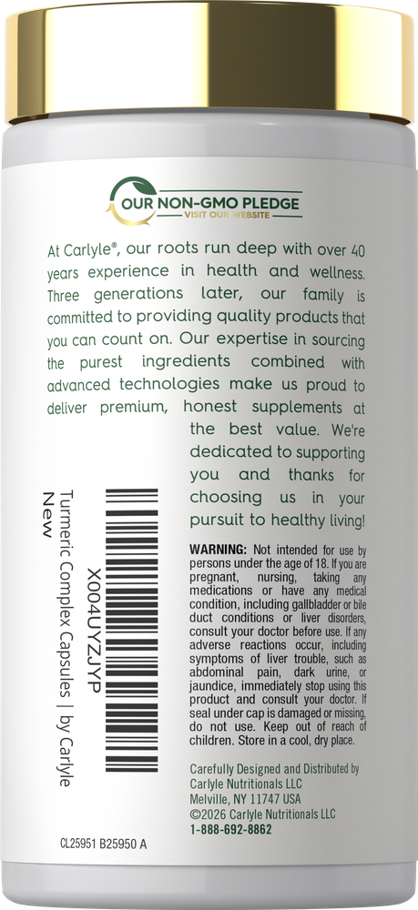 Hand holding a bottle of Turmeric Complex Capsules, 60 count, showcasing the product's size and quantity in a clear manner.