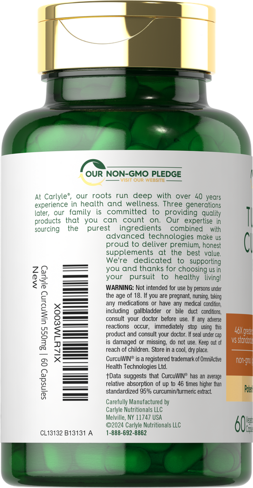 Carlyle CurcuWin supplement bottle with 60 capsules, each containing 550mg, shown on a hand scale for bulk measurement.