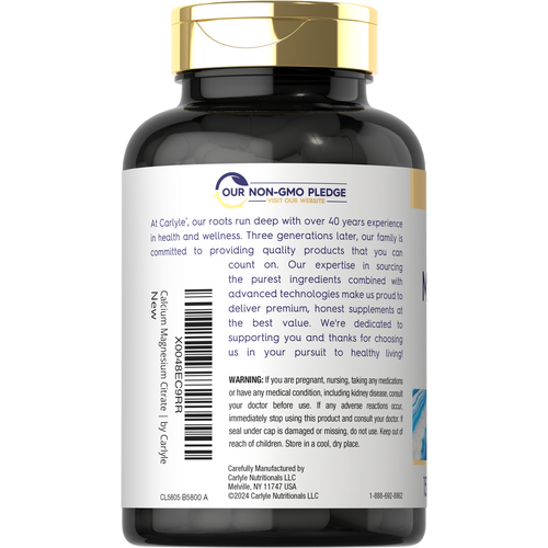 View 3 CL Carlyle Cal-Mag Citrate with D 150 Capsules bottle showing a Non-GMO Pledge, company info, and warning on the back label.