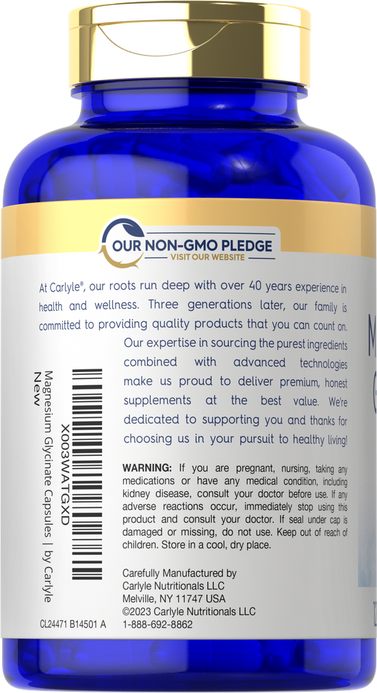A hand holding a bottle of Magnesium Glycinate containing 200mg per capsule, with a total of 120 capsules in the bottle.