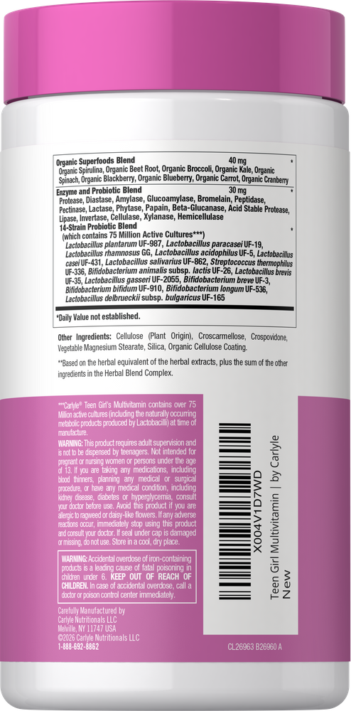 Hand holding a CL Teen Girl Multivitamin bottle containing 60 tablets.