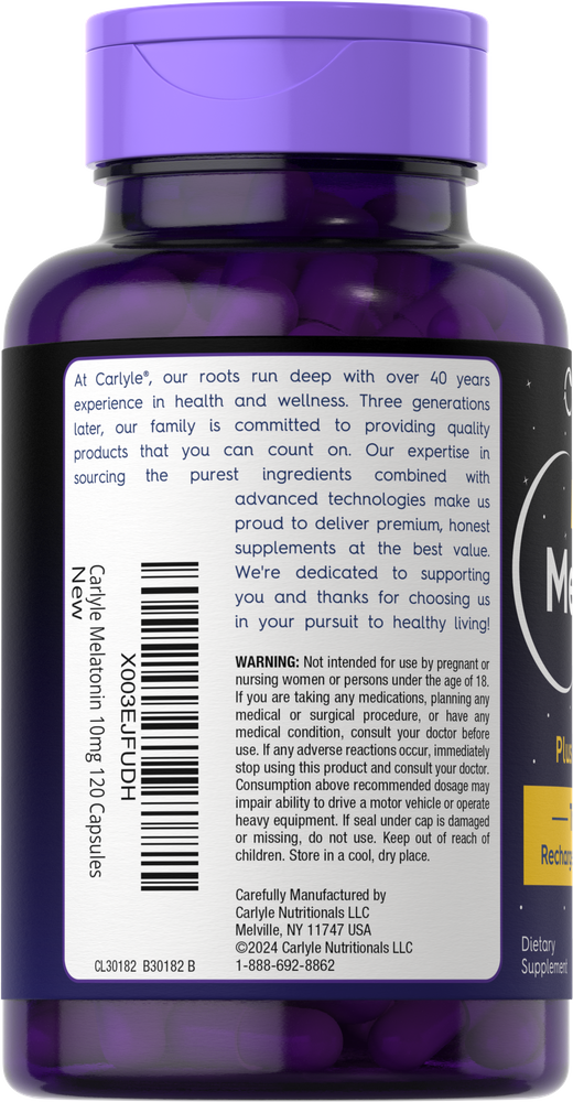 Carlyle Melatonin 10 mg with Ashwagandha comes in a purple bottle containing 120 capsules.