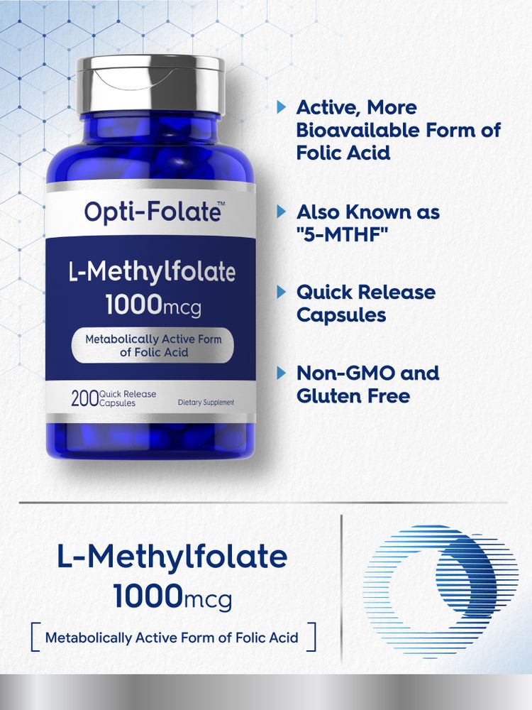 Hand holding L-Methylfolate 1000mcg, 200 Quick Release Capsules.