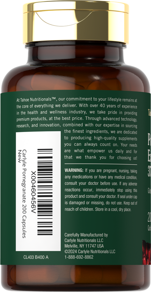 3750mg Pomegranate Extract, 200 Capsules bottle, shown on a hand scale. Dietary supplement for health and wellness.