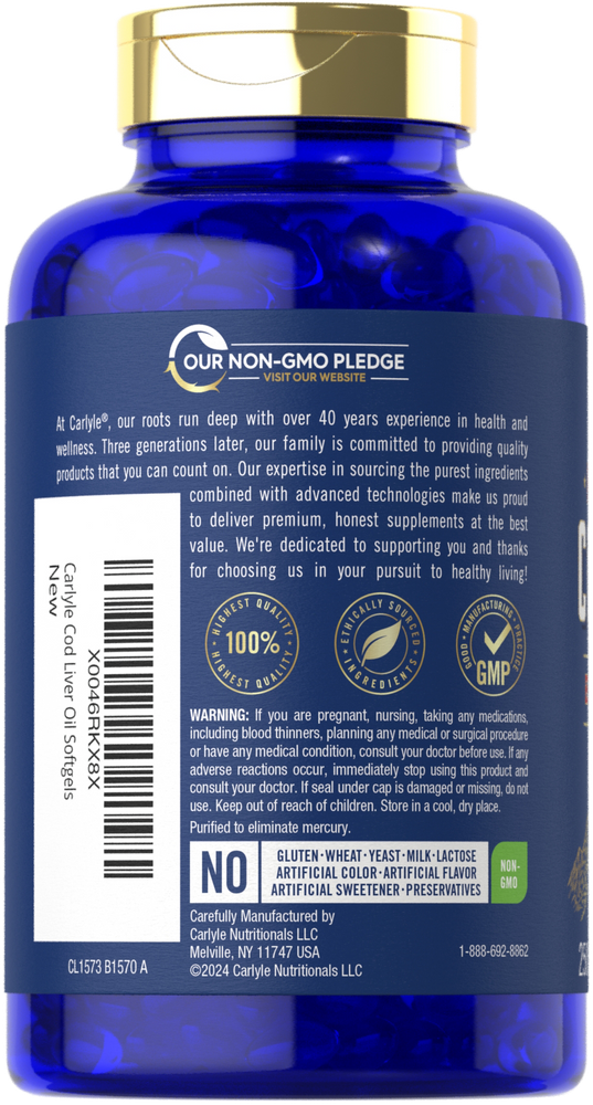 Carlyle Cod Liver Oil 1245mg comes in a bottle of 250 softgels, ideal for bulk purchase and available for dietary supplementation.