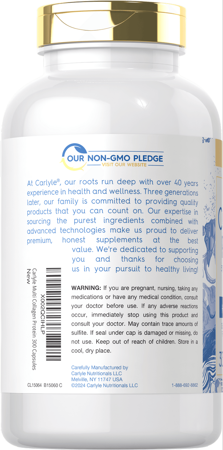 Carlyle Multi Collagen Protein bottle containing 300 capsules, displayed for size reference on a hand scale.