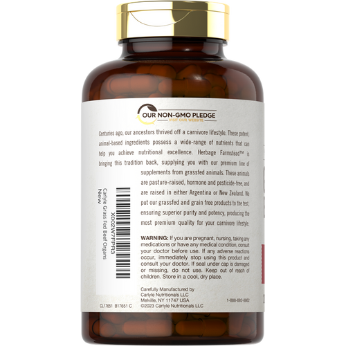 View 2 A bottle of Carlyle Grass Fed Beef Organs containing 200 capsules, with each capsule being 650 mg.