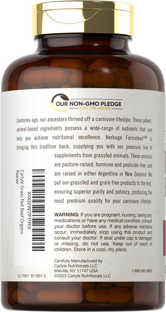 A bottle of Carlyle Grass Fed Beef Organs containing 200 capsules, with each capsule being 650 mg.