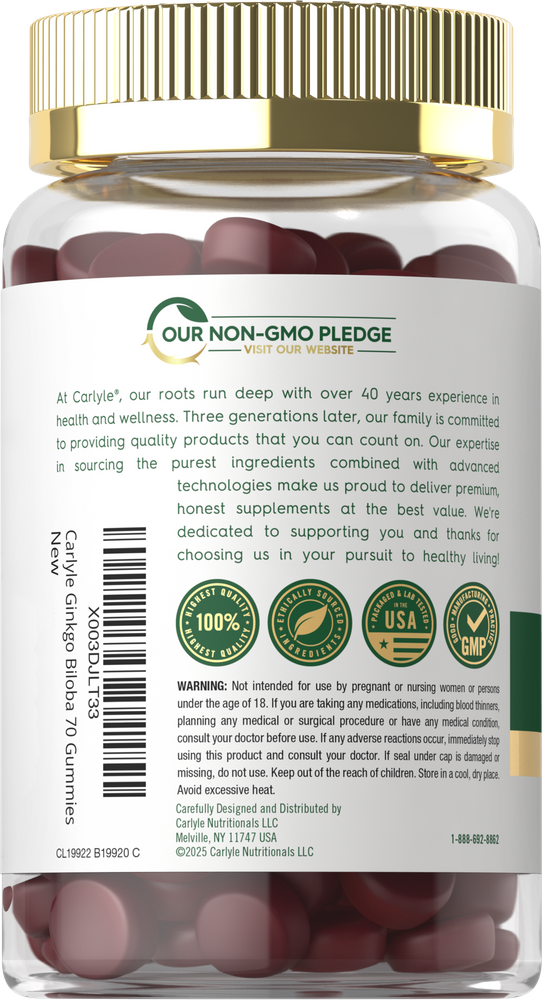 A hand holding a bottle of Carlyle Ginkgo Biloba 70 Gummies, highlighting the quantity and product packaging.