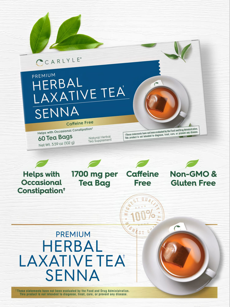 Box of Herbal Laxative Tea with 60 bags, Net Wt. 3.59 oz (102 g), and a single tea bag steeped in a white cup.