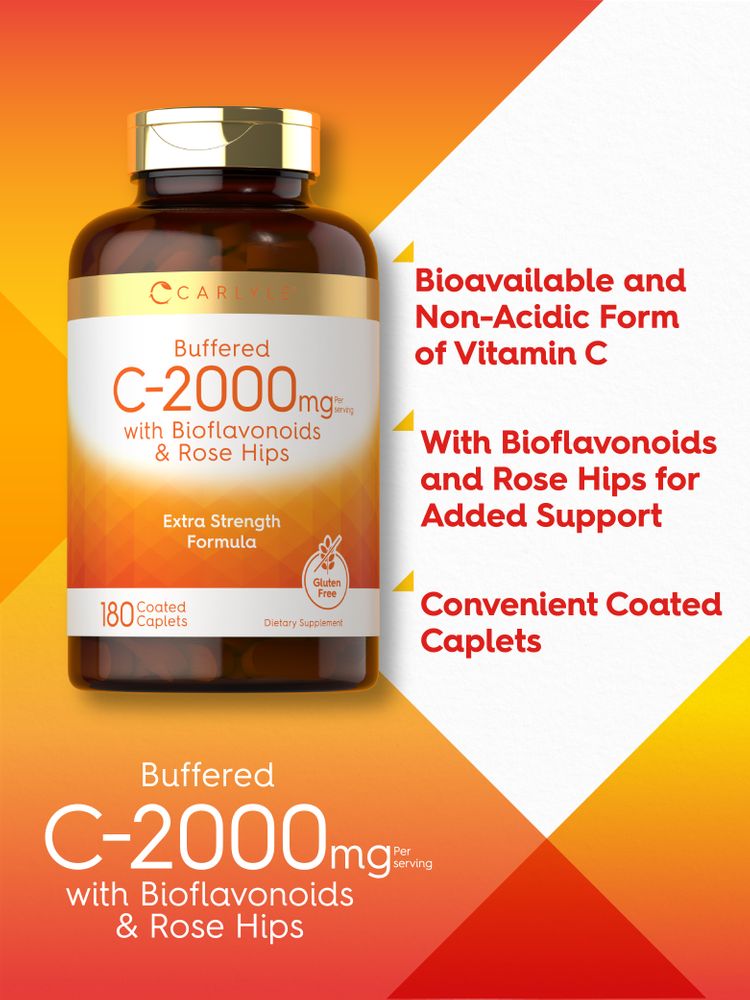 Carlyle Buffered C-2000mg with Bioflavonoids and Rose Hips; 180 coated caplets next to a hand for scale.