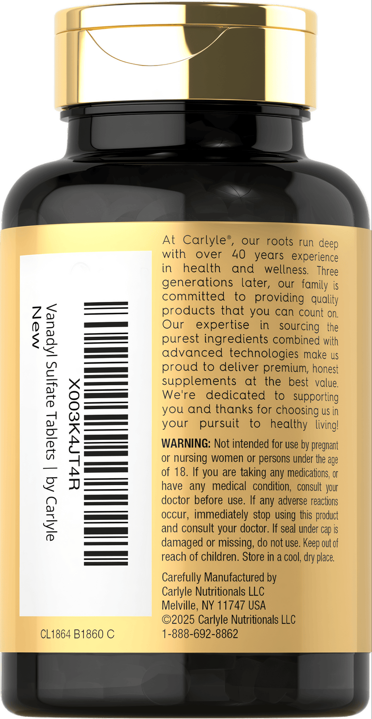 A hand holding Carlyle Vanadyl Sulfate bottle, containing 180 tablets, each with a dosage of 10 mg.