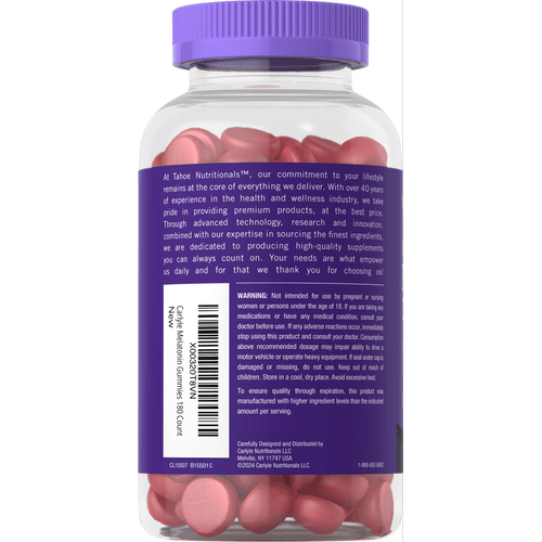 View 3 Hand holding a bottle of 180 Melatonin 12 mg gummies.