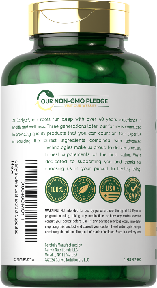 Carlyle Olive Leaf Extract 9000mg capsules on a hand scale.