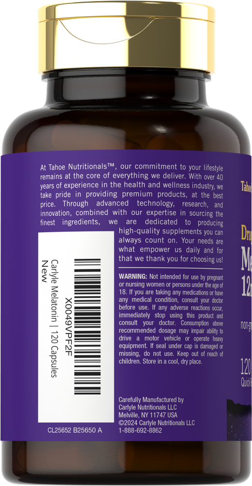 Carlyle Melatonin 12mg with 120 quick release capsules shown on a hand-held scale to display bulk quantity and packaging.