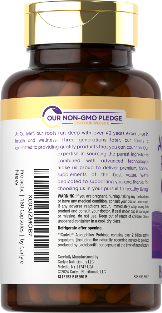 Bulk display of Carlyle Probiotic 2 Billion with 180 capsules shown on a hand scale.