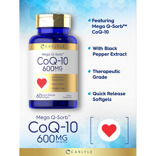 View 3 Hand holding Carlyle Mega Q-Sorb CoQ-10 600 MG Quick Release Softgels, 60 count bottle.