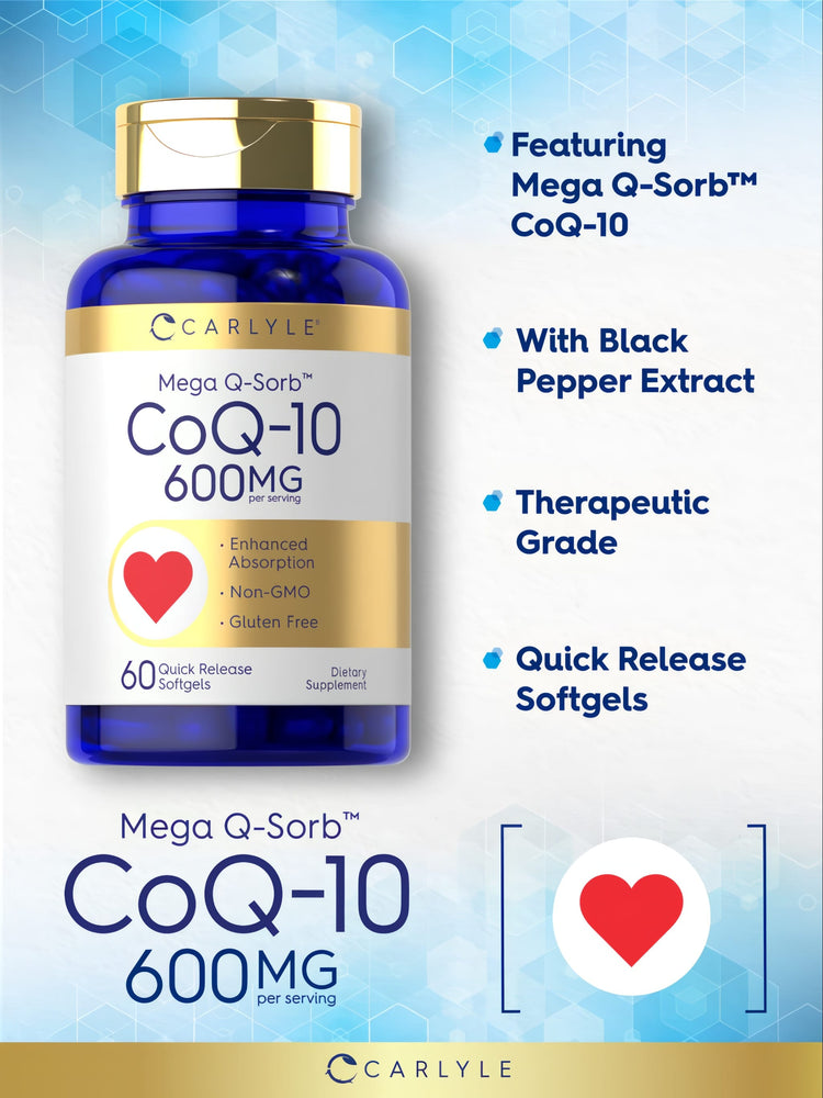 Hand holding Carlyle Mega Q-Sorb CoQ-10 600 MG Quick Release Softgels, 60 count bottle.