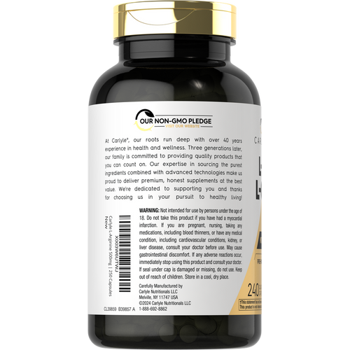 View 3 A hand holding a bottle of Carlyle L-Arginine 500mg with 250 capsules, showcasing the bulk packaging.