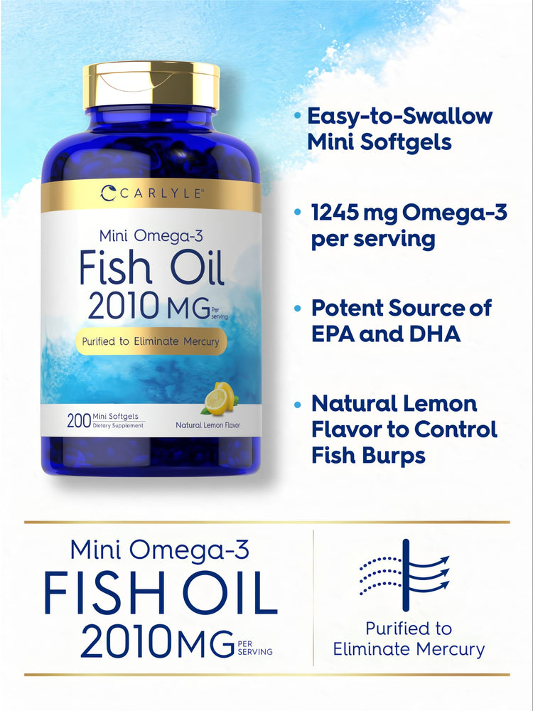 Hand holding mini softgels, delivering 2010 mg fish oil and 1245 mg Omega-3 per serving.