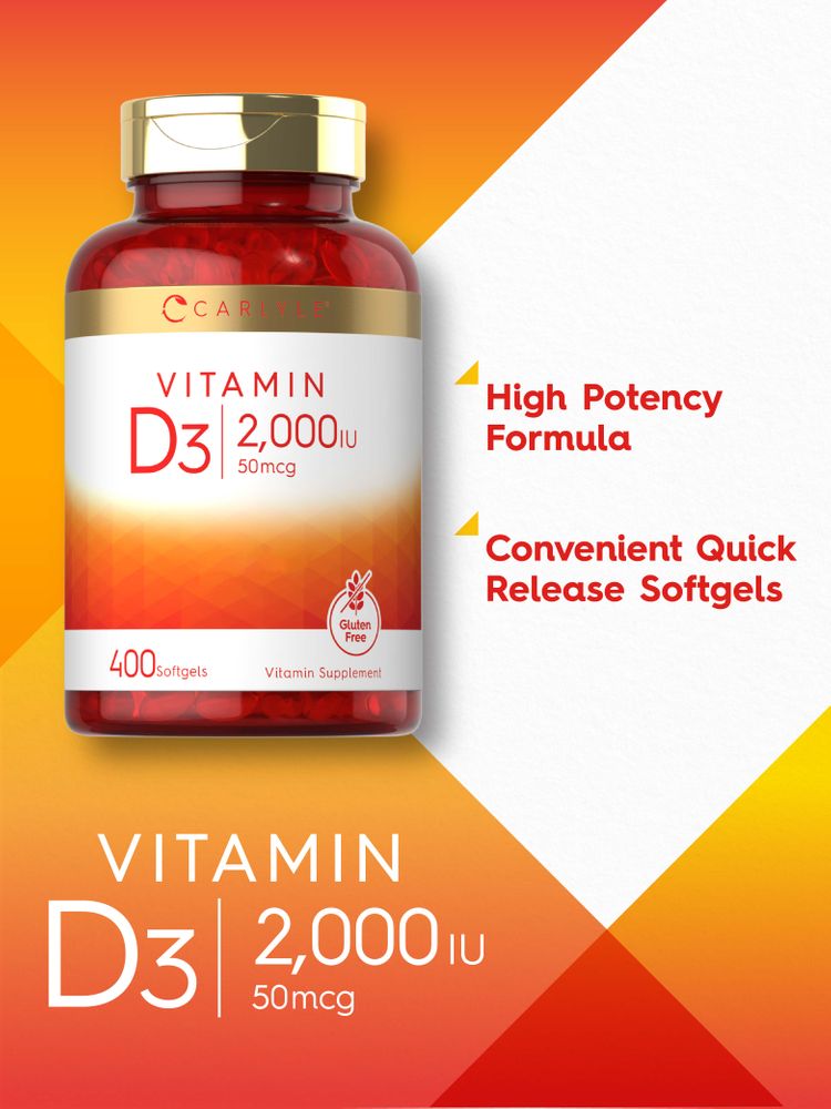 A bottle of Vitamin D3 2,000 IU softgels containing 50mcg per capsule, with a total of 400 capsules shown on a hand scale.