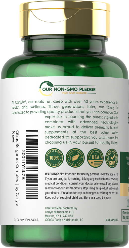 Carlyle Citrus Bergamot Complex 1,500mg green veggie capsules seen on a hand scale.