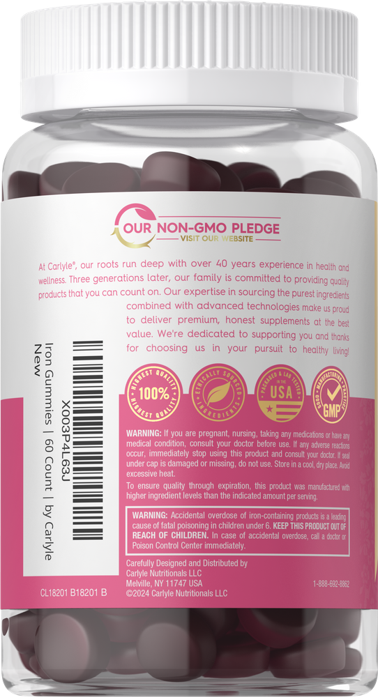 Carlyle Iron Gummies 60 Count bottle on a hand scale.