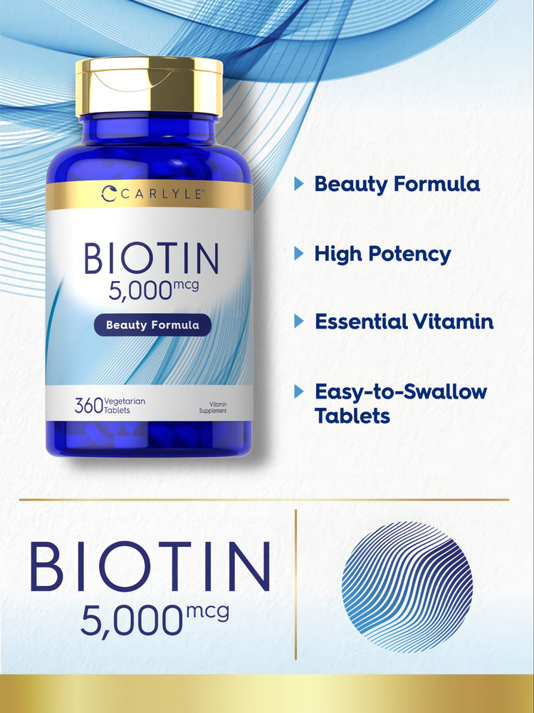 Hand holding a bottle of Biotin 5,000 mcg, containing 360 vegetarian tablets, emphasizing a large quantity for hair and nail support.