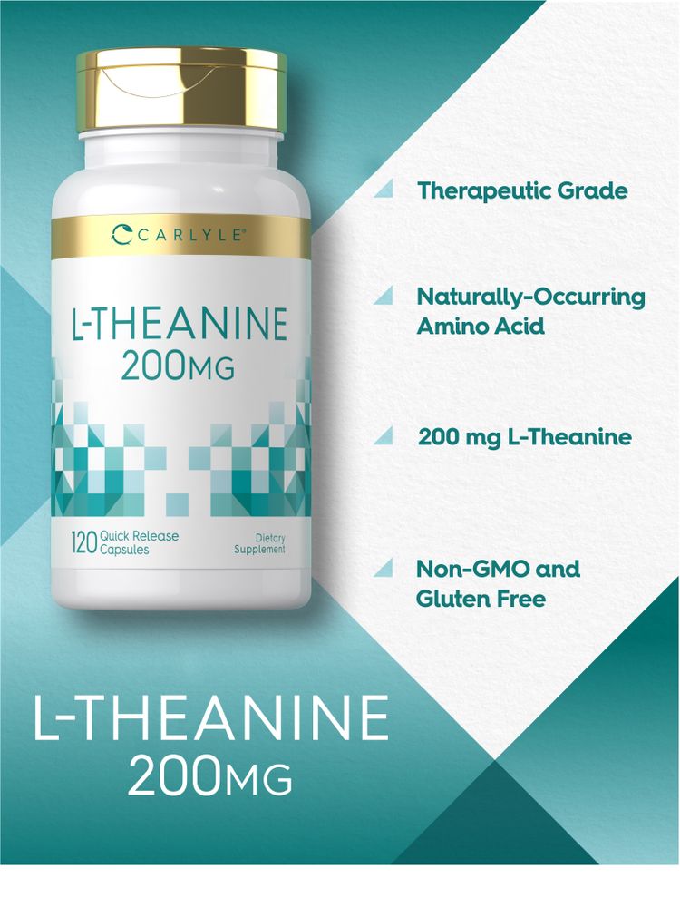 A hand holding a bottle of L-Theanine 200mg capsules, containing 120 quick-release capsules for stress relief and relaxation.
