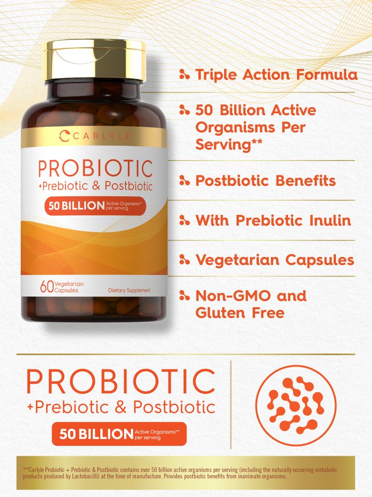 Carlyle Probiotic + Prebiotic & Postbiotic with 50 Billion Active Organisms in 60 Vegetarian Capsules.