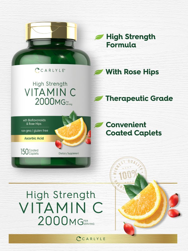 Hand holding Carlyle Vitamin C 2000 mg, 150 coated caplets bottle, suitable for bulk purchase and storage.