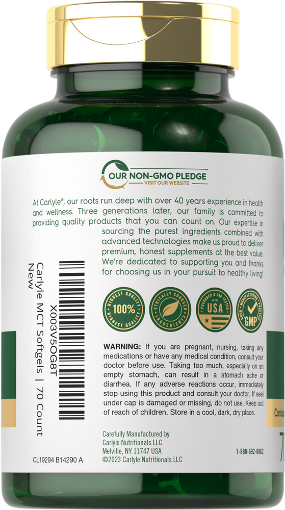 Hand holding Carlyle MCT 3000mg Softgels, 70 count bottle, displaying large quantity of health supplement.