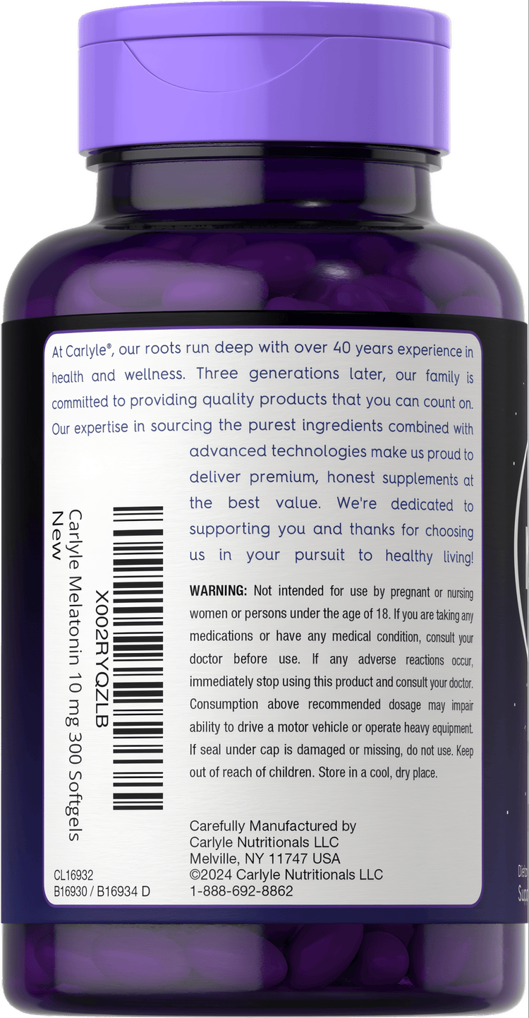 Bottle of Carlyle Melatonin 10 mg containing 300 softgels, shown with a hand for scale.